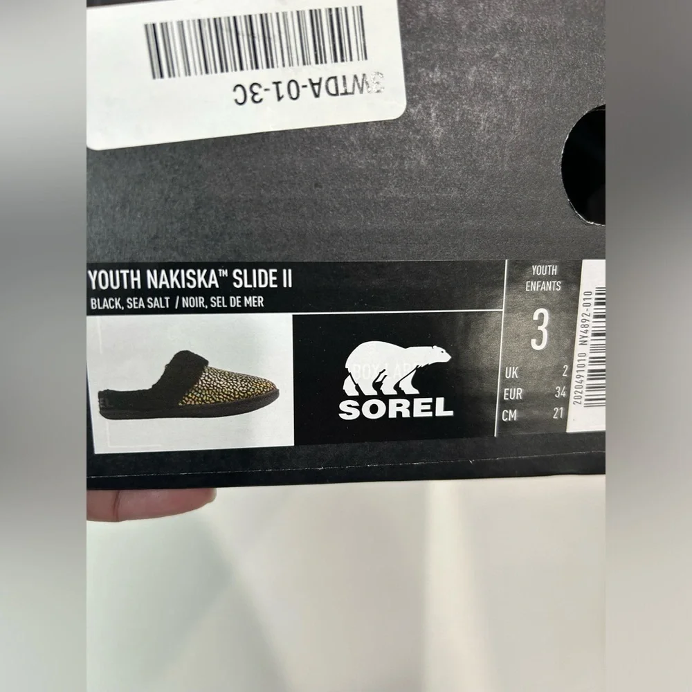 Sorel Boys Girls 3C Nakiska Slide II Slippers - Suede Black Pattern NWT
